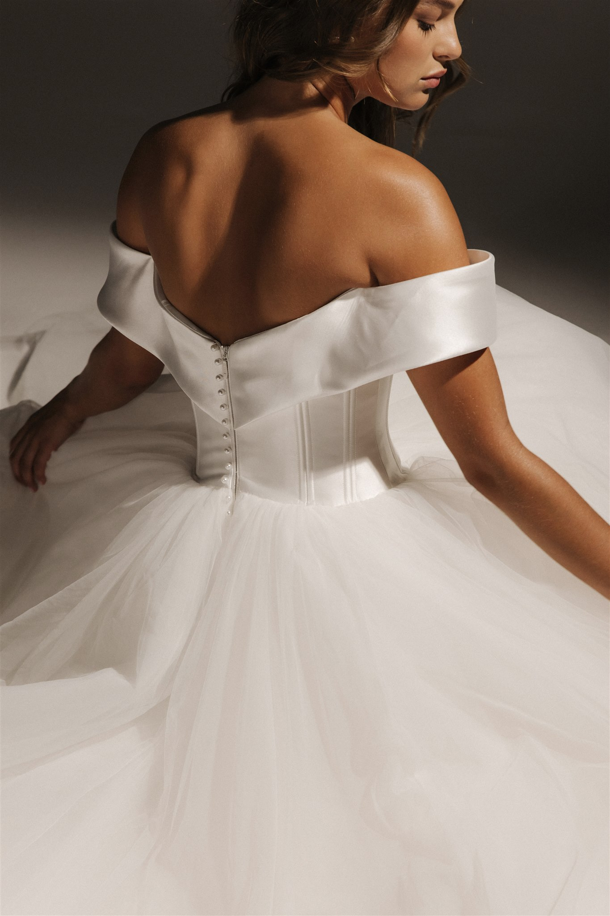 SS/25 Serene Echoes - off-shoulder gown in soft daylight