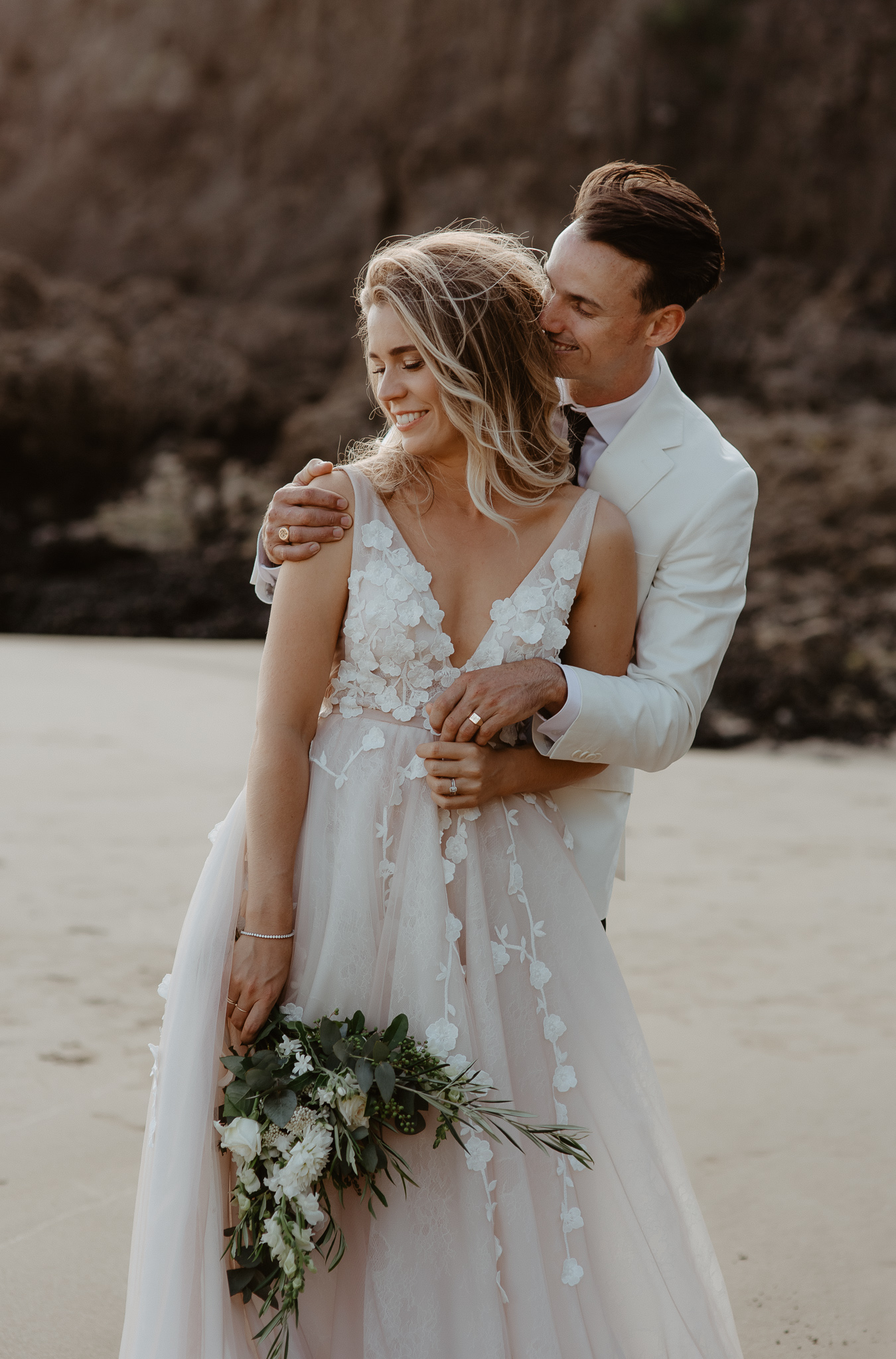 Jenna and Dave Hera Couture Lavant Blush wedding Dress Beach Piha