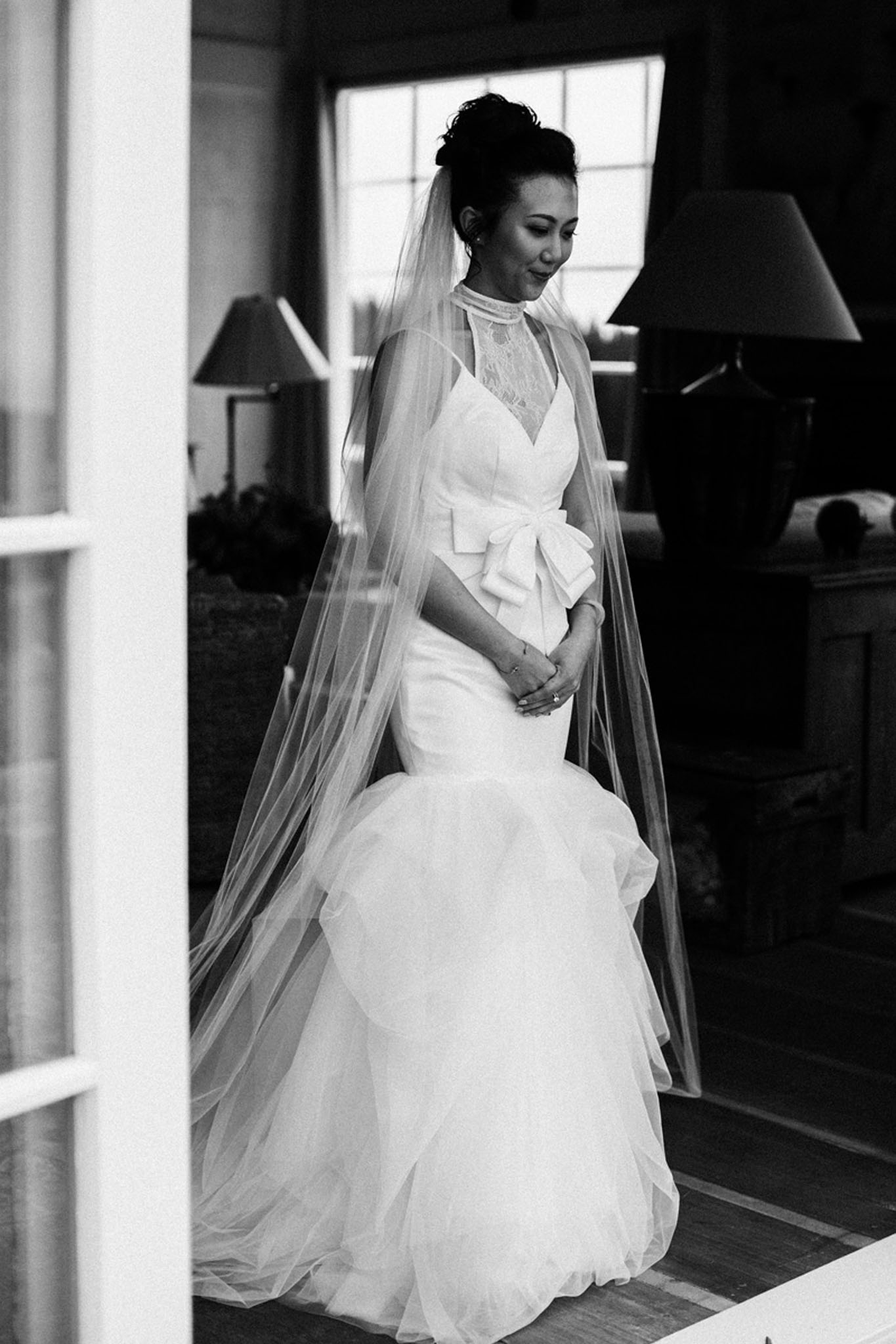 Melissa+Sean Hera Couture Wedding Dress Lace Bow Veil B&W Resized 0114